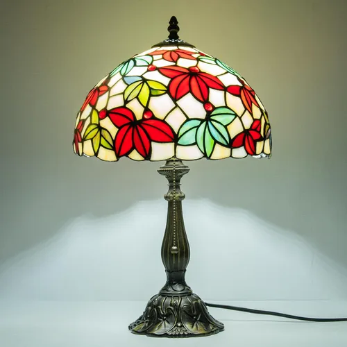 Vista 13 de Tiffany Style Stained Glass Table Lamp, Floral Pattern Desk Light with Antique Bronze Resin Base, Red Roses Decorative Lighting for Bedroom, Living