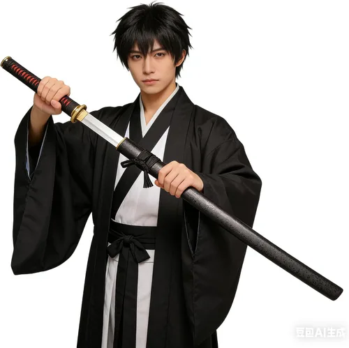 Vista 2 de Espada japonesa hecha a mano, negro/rojo-oro, soporte de exhibición