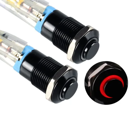 Vista 12 de 2 interruptores de botón de metal con pestillo de 0.472 pulgadas, cabeza elevada de 12 V-24 V, 4 pines de encendido y apagado, 1 no, carcasa negra