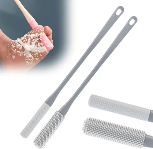 Vista 7 de Cepillo de silicona de mango largo para limpieza de dedos del pie, cepillo exfoliante de goma suave para pies para la ducha, limpiador de grietas