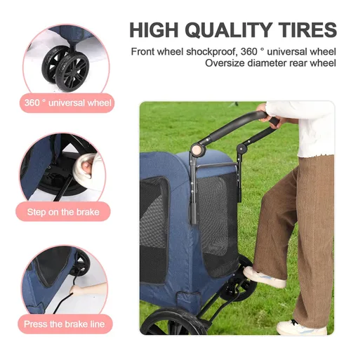 Vista 3 de Cochecito de viaje grande para perros con 4 ruedas resistentes, con mango ajustable, doble capacidad para perros con puerta delantera trasera