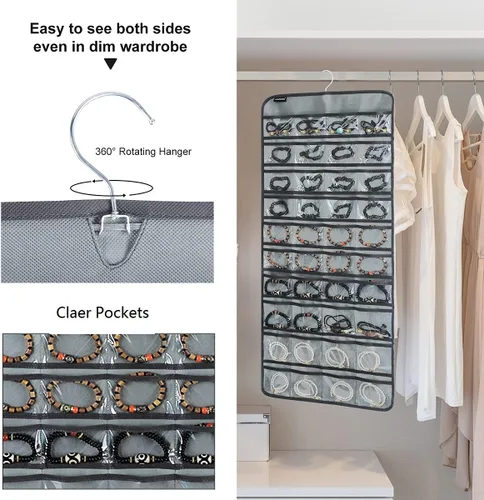 Vista 6 de Organizador de joyas colgante de doble cara con 40 bolsillos y 20 bucles de gancho, organizador de joyas para aretes, pulseras, anillos con colgador