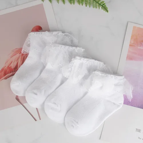 Vista 6 de Looching 4 pares de calcetines de encaje de princesa de algodón con volantes sólidos para niñas pequeñas