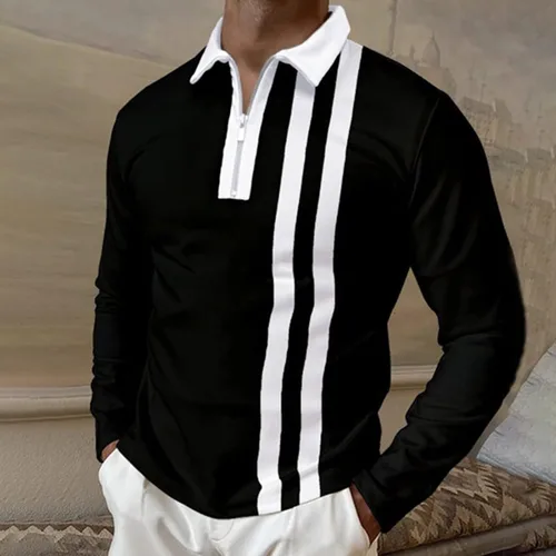 Vista 2 de Contrast Color Polo Shirts for Men Quarter Zipper Golf Pullover Long Sleeve Collared Shirts Cotton Blend Tops Shacket