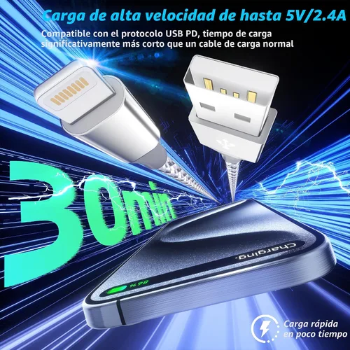 Vista 2 de Cargador para iPhone paquete de 3, 10 pies, cable Lightning largo certificado MFi de Apple, carga rápida, sincronización de datos de alta velocidad