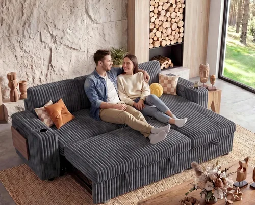 Vista 23 de WEUP Sofá cama modular de 111 pulgadas con cama extraíble, sofá de pana de felpa en forma de L de 7 asientos con diván de almacenamiento, puertos