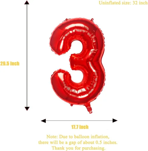 Vista 4 de Globos rojos de 32 pulgadas con el número 3 de aluminio, suministros de decoración de fiesta de cumpleaños (globo rojo del número 3)