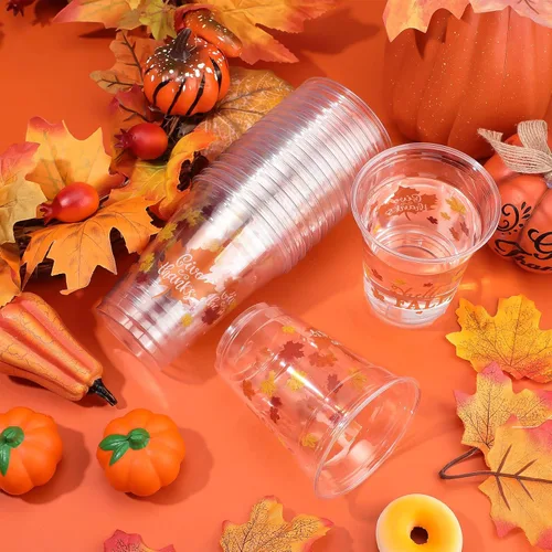 Vista 5 de Meanplan 100 vasos de plástico de Acción de Gracias a granel de 12 onzas, vasos desechables de otoño, hojas de calabaza, pavo, vasos transparentes