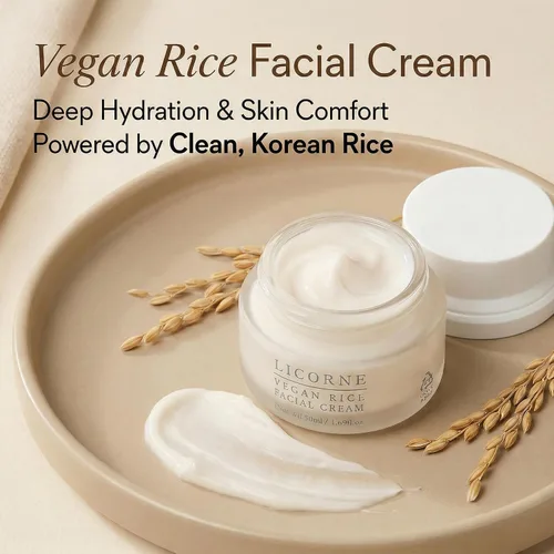 Vista 2 de LICORNE Crema facial vegana de arroz con AHA y PHA – Hidratante coreano ligero, extracto de salvado de arroz, niacinamida y ácido glicólico, piel