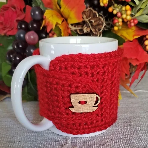 Vista 5 de Taza acogedora con taza de madera y botón de platillo (rojo y avena)