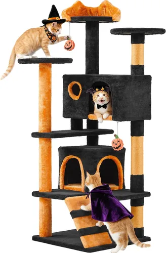 Vista 12 de Yaheetech - Torre de árbol para gatos de 62 pulgadas, torre para gatitos de interior, muebles para mascotas con doble refugio, postes para rascar