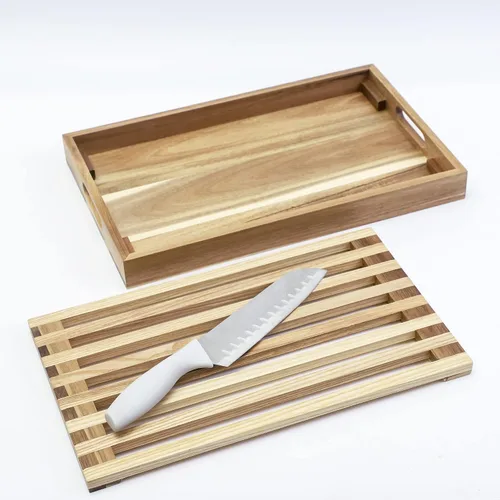 Vista 8 de Tabla de cortar de pan rectangular de madera con bandeja de migas incorporada para pan, verduras, carne, marrón, 2.58 libras
