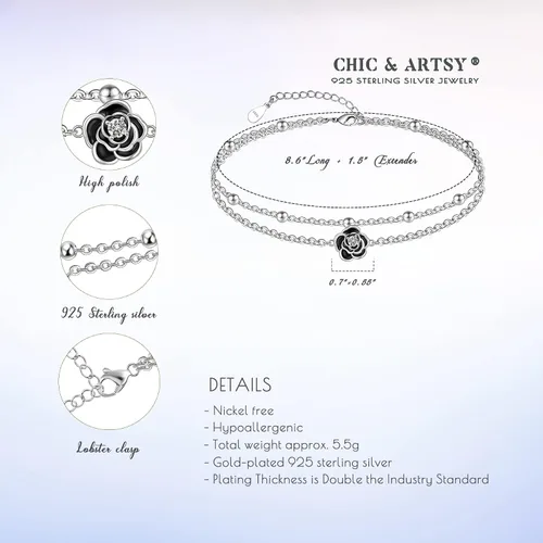 Vista 100 de CHIC & ARTSY Tobilleras delicadas de plata de ley S925 para verano, pulsera de tobillo ajustable multicapa para playa, joyería de pie para mujer