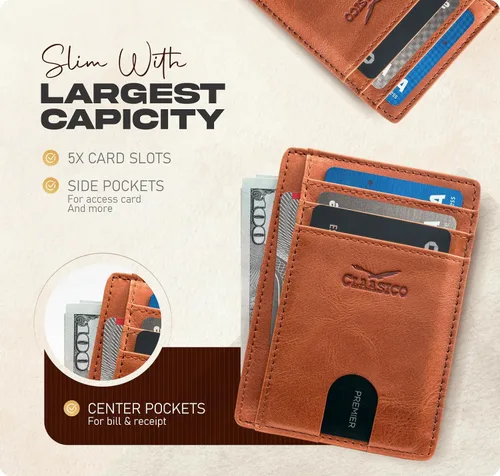Vista 2 de Claasico Billetera pequeña de bolsillo frontal para hombre con bloqueo RFID, de cuero genuino, tarjetero