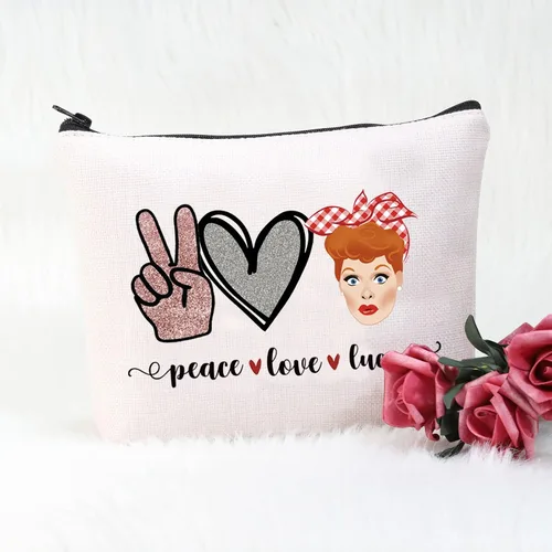 Vista 2 de POFULL Regalo inspirado en programas de televisión Lucy Fan Gift Peace Love Lucy Maquillaje Bolsa con cremallera para mujer