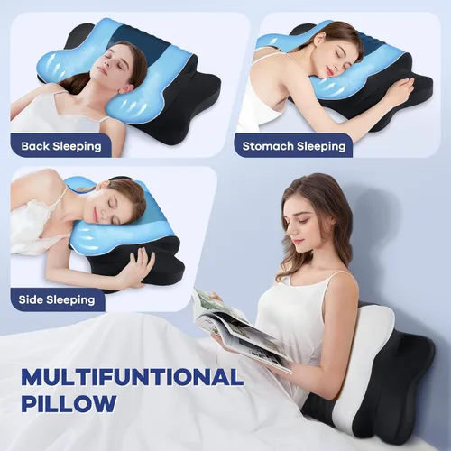 Vista 6 de Almohada cervical para el cuello para aliviar el dolor, almohada cervical con almohadas ergonómicas de espuma viscoelástica con doble altura