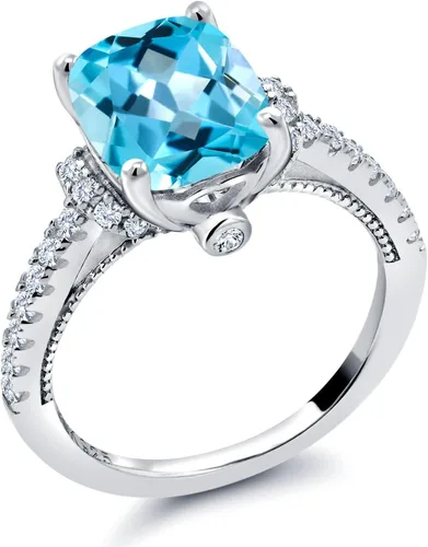 Vista 3 de Gem Stone King Anillo de compromiso de topacio azul suizo y zafiro blanco de 4.00 quilates para mujer, juego en plata de ley 925, corte cojín