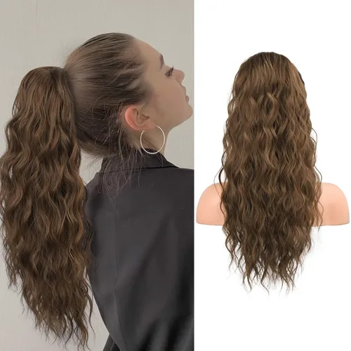 Vista 17 de FLUFYMOOZ Extensión de cola de caballo de 22 pulgadas, extensiones de cabello sintético ondulado largo y rizado para mujer