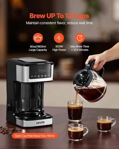 Vista 3 de VEVOR Cafetera programable, cafetera de goteo programable de 12 tazas con pantalla táctil, cafetera de 4 horas para mantener el calor, cafetera