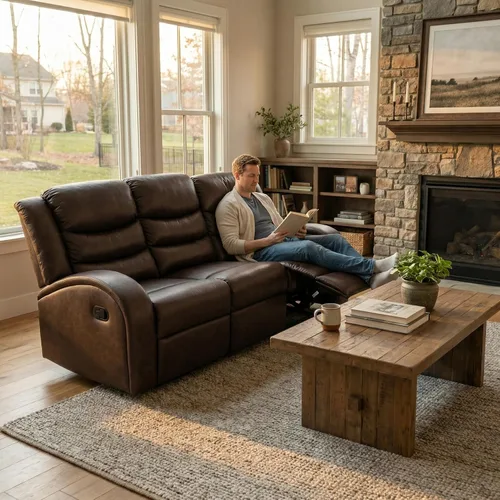 Vista 5 de Juego de sofá reclinable de 3 piezas, juego de muebles de sala de estar, sofá reclinable seccional de cuero, sofá reclinable manual, cómodo asiento