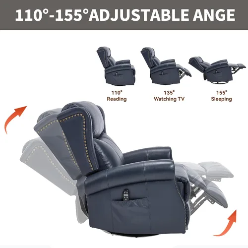 Vista 5 de Trustyue Silla reclinable de piel auténtica, reclinable manual con balancín giratorio, mecedora de masaje y calor, reclinable para guardería Azul