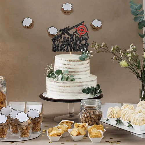 Vista 4 de Decoración para tartas de cumpleaños con temática de disparos de pistola, decoración de pastel de cumpleaños para hombre
