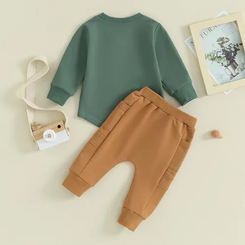Vista 41 de Kuriozud Conjunto de 2 piezas de sudadera con cuello redondo y pantalones deportivos para niños pequeños para otoño e invierno