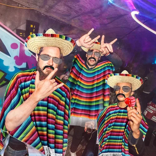 Vista 4 de Conjunto de poncho y sombrero mexicano para adultos, 7 piezas de disfraz de fiesta mexicana, incluye fiesta mexicana, poncho, poncho, sombrero