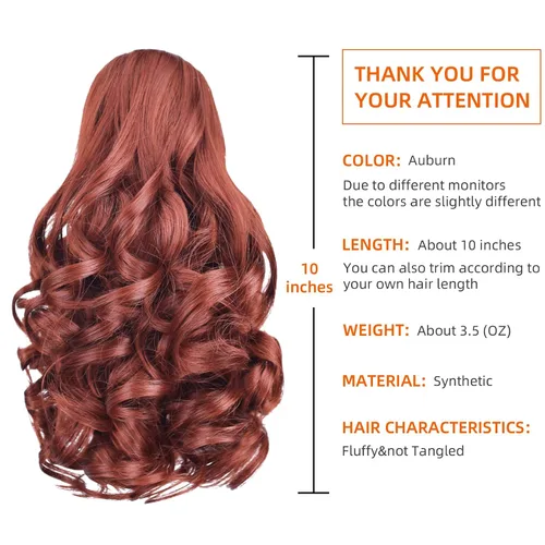 Vista 3 de Cola de caballo con clip, color castaño rojizo, ondulado de 10 pulgadas, extensión de cola de caballo de 3.3 onzas, extensiones de cabello sintético