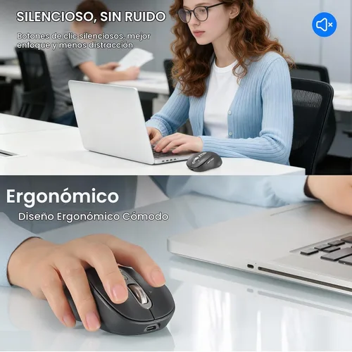 Vista 6 de Ratón Bluetooth inalámbrico, mouse Ergo para computadora multidispositivo, desplazamiento estupendo de metal de 4 vías, ± 3200 DPI, 10 botones, Plug