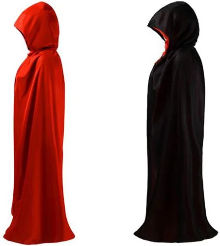 Vista 4 de OurLore Disfraz reversible de capa para fiesta de máscaras, Halloween, Navidad, color negro y rojo (35 pulgadas, con capucha)