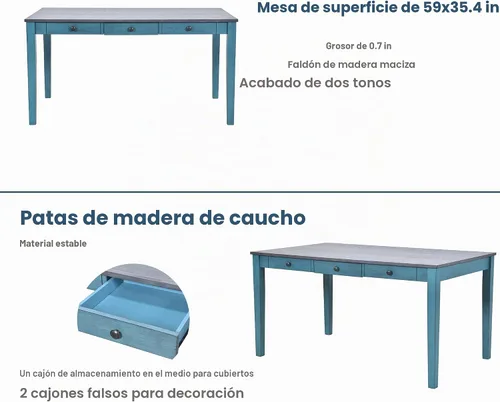 Vista 4 de Juego de mesa de comedor vintage de 6 piezas, juego de mesa de comedor de cocina de madera maciza con 4 sillas ergonómicas acolchadas y banco, mesa