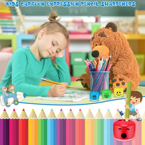 Vista 5 de Crtiin 24 sacapuntas para niños, para el aula, caricatura, sonrisa, sacapuntas pequeños, manual de mano, doble agujero, regalos para la escuela