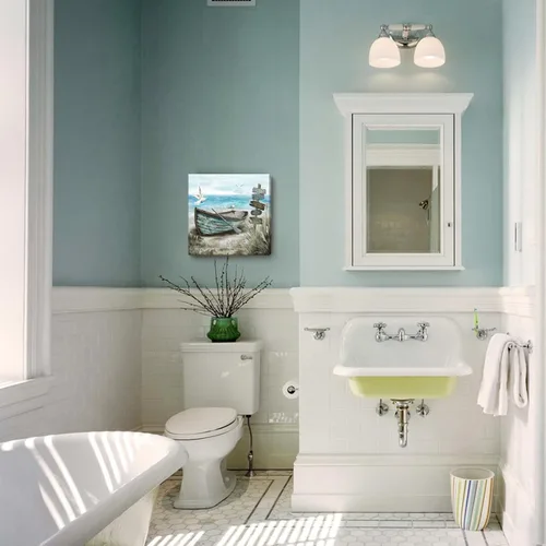 Vista 7 de Arte de pared para baño, decoración costera, barco náutico en la playa, lienzo con imagen de gaviota del océano, paisaje marino, arte de granja