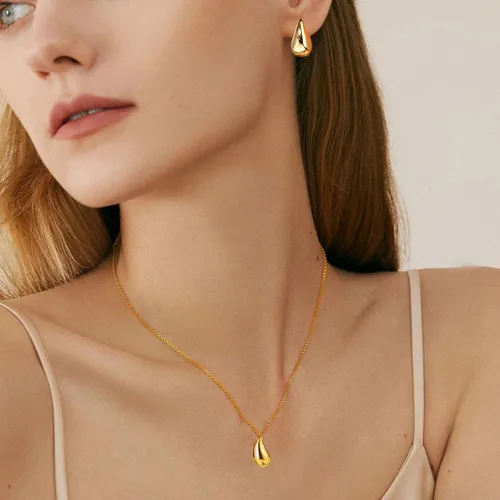Vista 3 de Juego de aretes de aro y collares gruesos de oro para mujeres y niñas, aros abiertos ligeros con forma de gota de agua, aretes chapados en oro