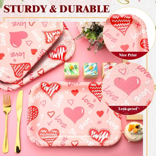 Vista 4 de Ziliny 24 platos de papel desechables con forma de corazón, bandejas rectangulares de 13 x 9 pulgadas, bandejas grandes para servir para bodas, Rosa