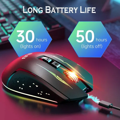 Vista 6 de UHURU Mouse inalámbrico para juegos, con cable e inalámbrico, doble modos, recargable RGB con 7 botones programables, ergonómico y 5 niveles de DPI