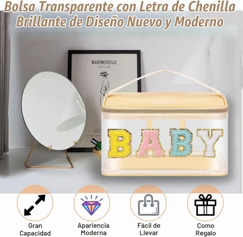 Vista 9 de izuzta Bolsas de maquillaje transparentes con letras de chenilla, bolsa de maquillaje de parche preppy con asa