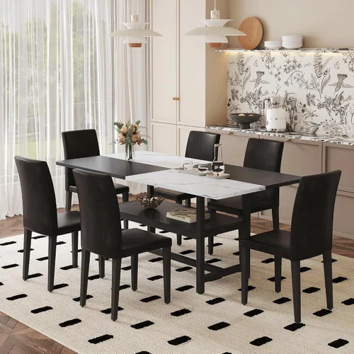 Vista 12 de Juego de mesa de comedor de 71 pulgadas para 6 personas con estante de almacenamiento, juego de mesa de comedor rectangular industrial moderna