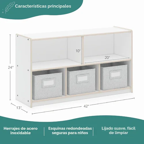 Vista 2 de Guidecraft EdQ - Almacenamiento de 5 compartimentos de 24 pulgadas, color blanco con 3 contenedores de tela: estantería multiusos de madera