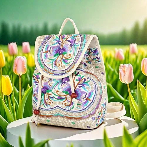 Vista 2 de Goodhan Vintage bordado mujeres mochila étnica viaje bolso hombro beige, Púrpura, Mochilas Daypack