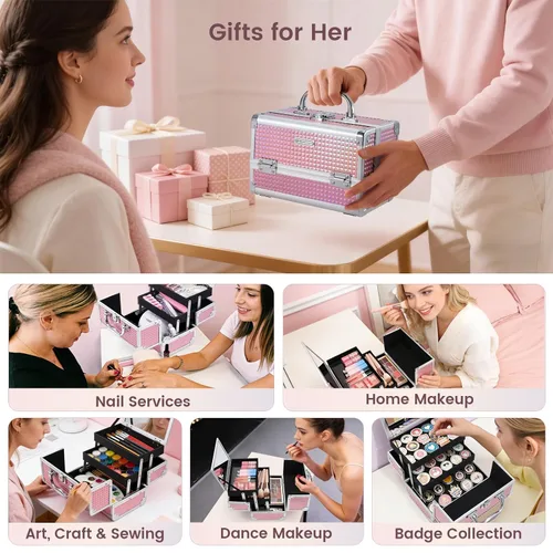 Vista 3 de Estuche de Tren de Maquillaje FRENESSA Caja de Maquillaje Organizador Portátil Estuche de Cosméticos para Viaje Estuche de Maquillaje con Espejo