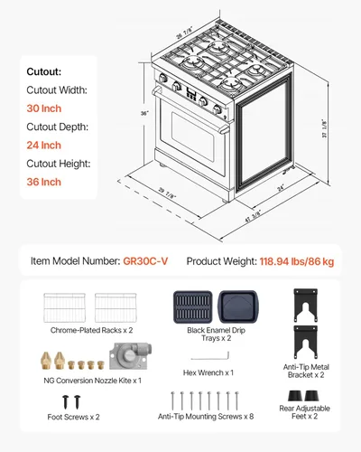 Vista 7 de VEVOR Horno de Cocina a Gas, 30 Pulgadas de Ancho, Estufa y Horno Independiente de Acero Inoxidable con 4 Quemadores Sellados en la Superficie