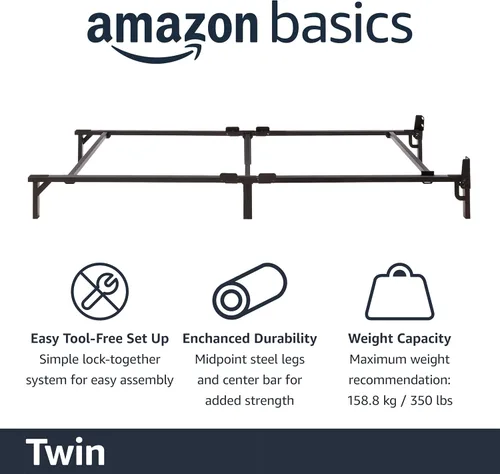 Vista 3 de Amazon Basics Base de cama de metal tamaño individual (requiere somier), base de 6 patas para somier y soporte de colchón, fácil montaje sin