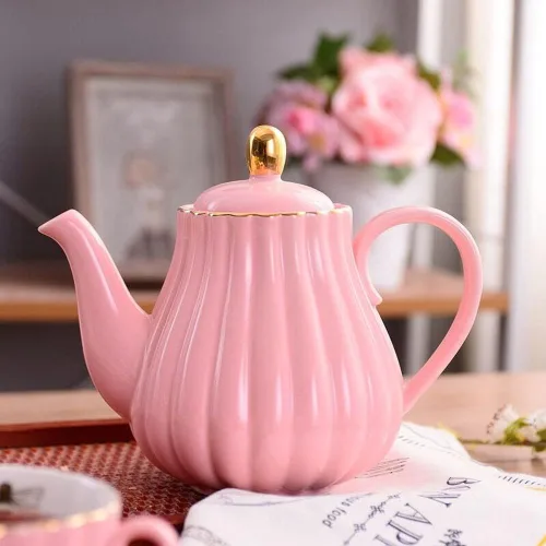 Vista 3 de YBK Tech Strengthen - Tetera de porcelana, tetera de cerámica de 31 onzas, diseño de rayas (rosa)