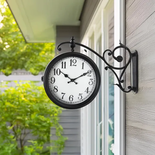 Vista 6 de Reloj de pared de doble cara, reloj de pared vintage de metal europeo, relojes de pared grandes de esquina antiguos para jardín, interior, exterior