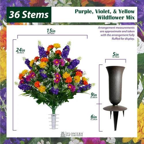 Vista 2 de Sympathy Silks Flores artificiales para cementerios – Decoraciones para tumbas - 1 ramo de flores silvestres de violeta púrpura y naranja, 1 montura