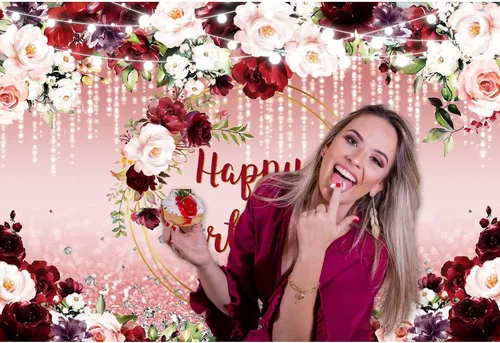 Vista 3 de Sensfun Telón de fondo floral de feliz cumpleaños, flores burdeos, oro rosa, purpurina Bokeh, fondo de fotos, fondo de vinilo para fiesta