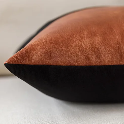 Vista 2 de GEGELICA Fundas de almohada de lona negra de retazos de piel sintética Negro y marrón