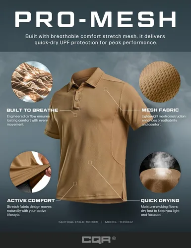 Vista 7 de CQR Camiseta polo táctica para hombre, de manga corta, ligera y con Dry Fit, tela piqué, FPU 50+, para exteriores